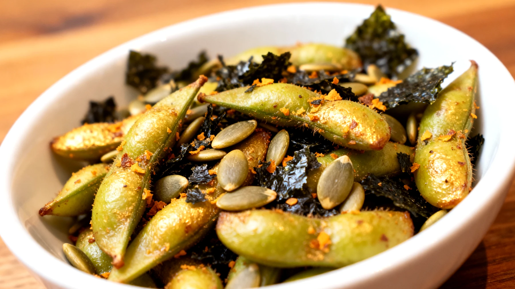 Edamame tostati con semi di zucca e alga nori sbriciolata"